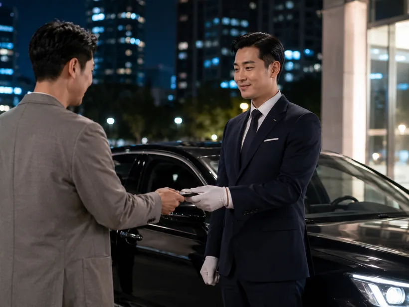야간 도심에서 차량 키를 인계하는 탁송 서비스 장면